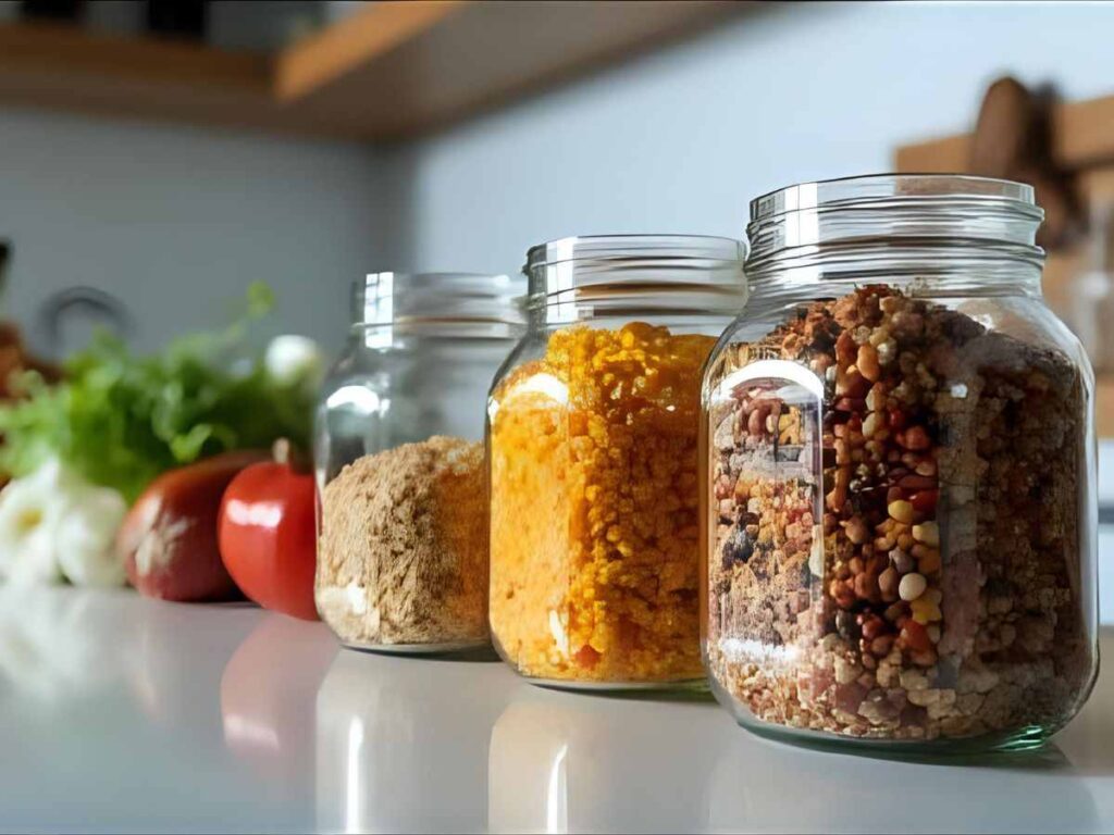 Bocaux en verre remplis de céréales, légumes et légumineuses alignés sur un plan de travail