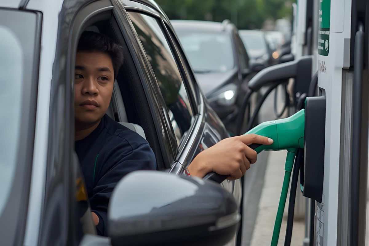 Conducteur observant des bornes de recharge électriques sur un trottoir parisien