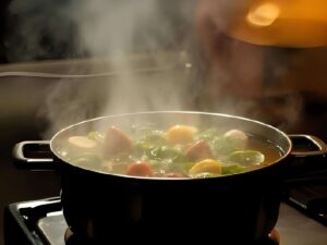 Casserole de bouillon fumant sur une cuisinière, ambiance chaleureuse du soir