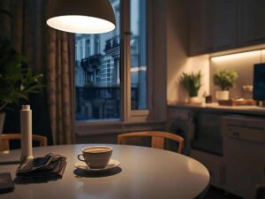 Entrée d’appartement bien rangée avec sac et clés prêts pour le lendemain matin