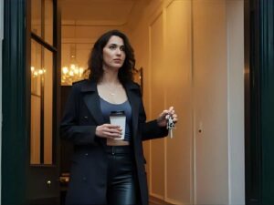 Personne tenant un café et ses clés en quittant un appartement parisien le matin