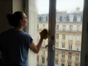 Personne essuyant une fenêtre avec un chiffon microfibre