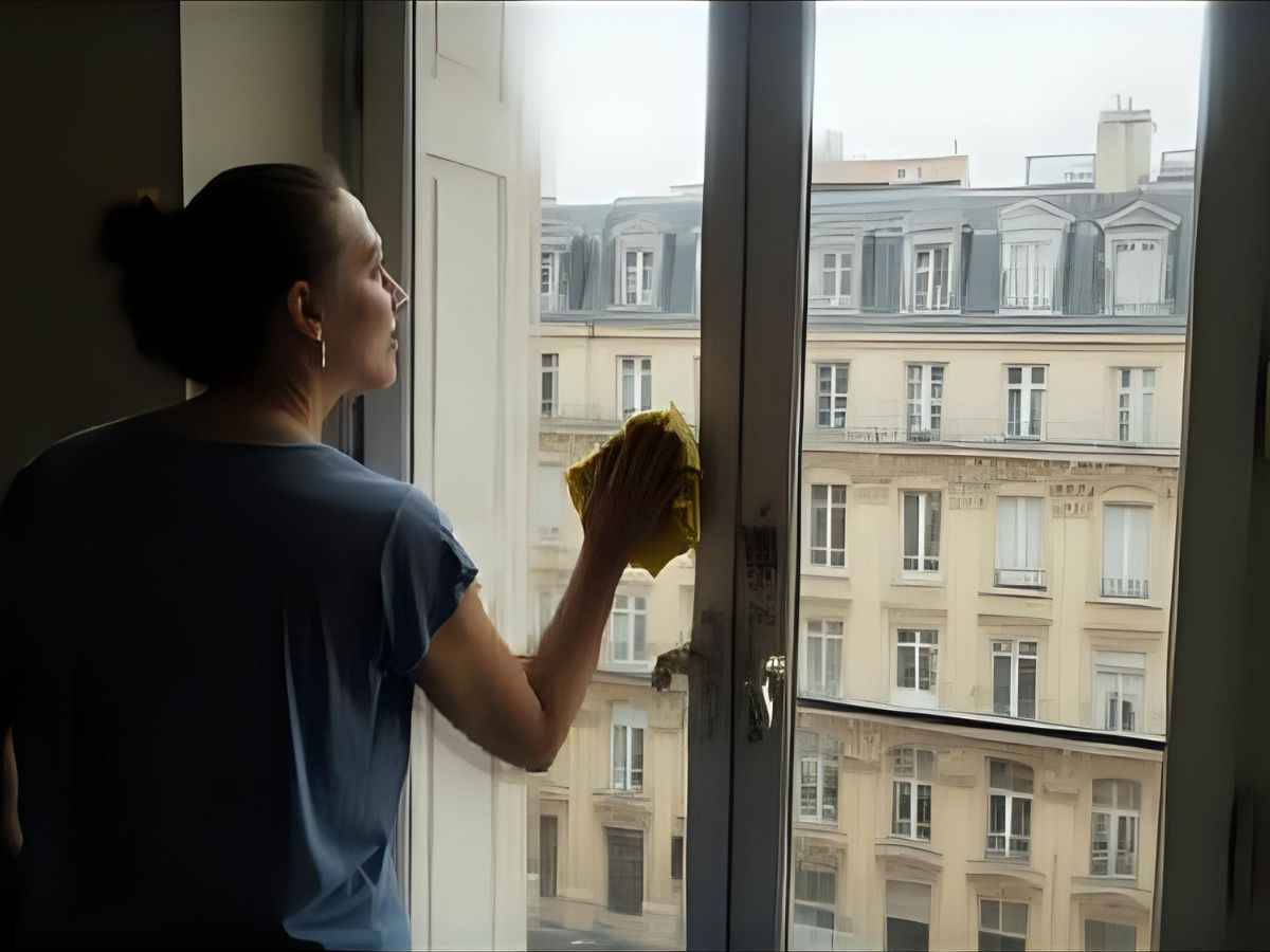 Personne essuyant une fenêtre avec un chiffon microfibre