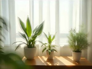 Coin de salon lumineux avec trois plantes vertes d’intérieur sur un meuble