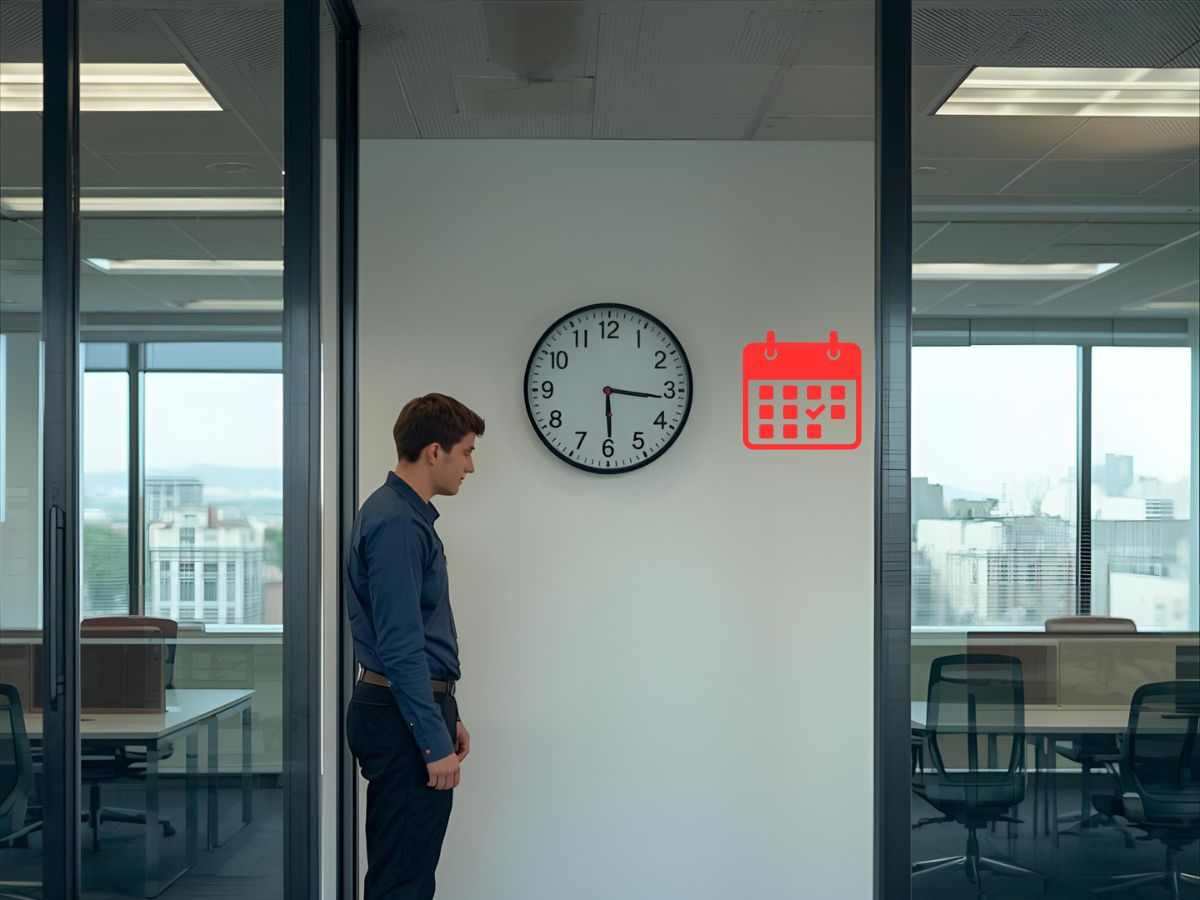Employée dans un bureau presque vide un vendredi après-midi, regardant l’horloge