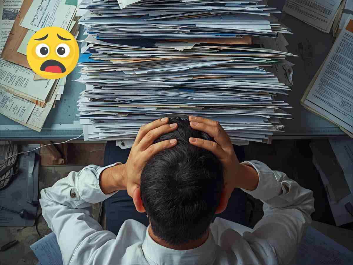 Homme désemparé face à une pile de documents
