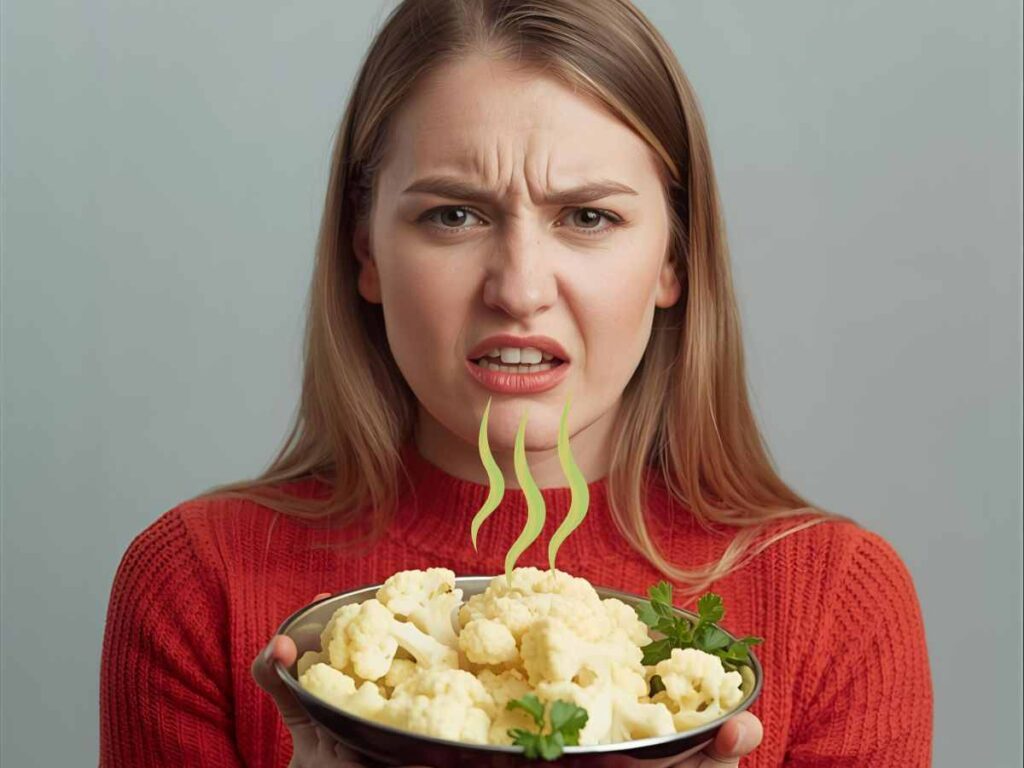 Femme tenant une assiette de chou-fleur, dégoûtée par l’odeur