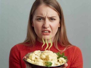 Femme tenant une assiette de chou-fleur, dégoûtée par l’odeur