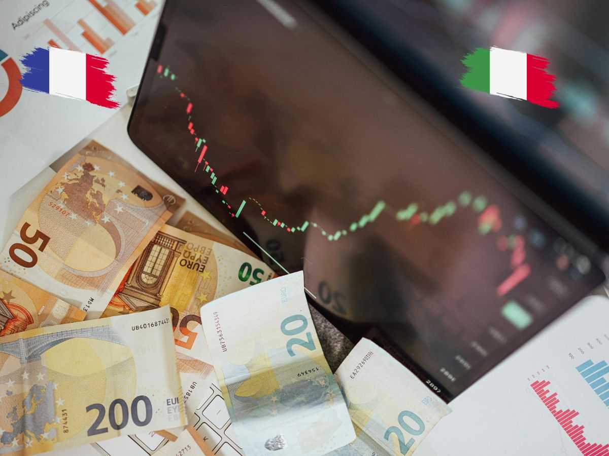 portefeuille, argent et drapeaux français et italien