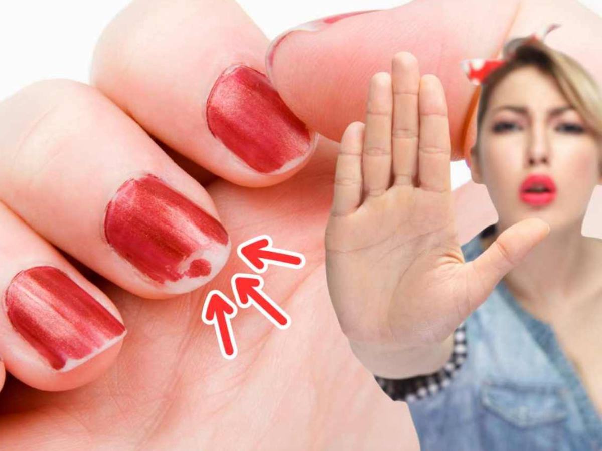 vernis à ongles retiré et femme faisant un signe d'arrêt avec ses mains
