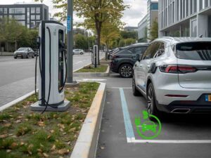 Voiture électrique branchée à une borne de recharge dans une rue parisienne humide