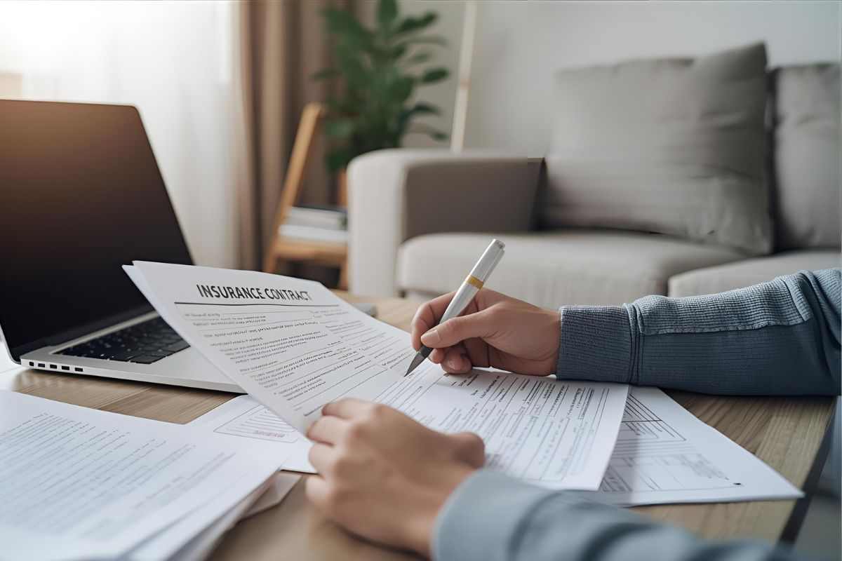 Personne lisant un contrat d’assurance auto sur une table avec un ordinateur portable