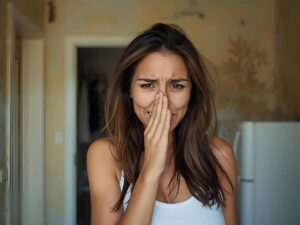 Femme se bouchant le nez, dégoûtée par l’humidité
