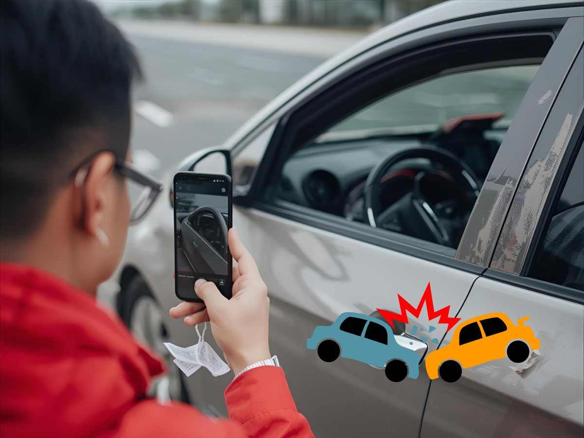 Conducteur prenant une photo d’une petite rayure sur sa voiture dans un parking urbain