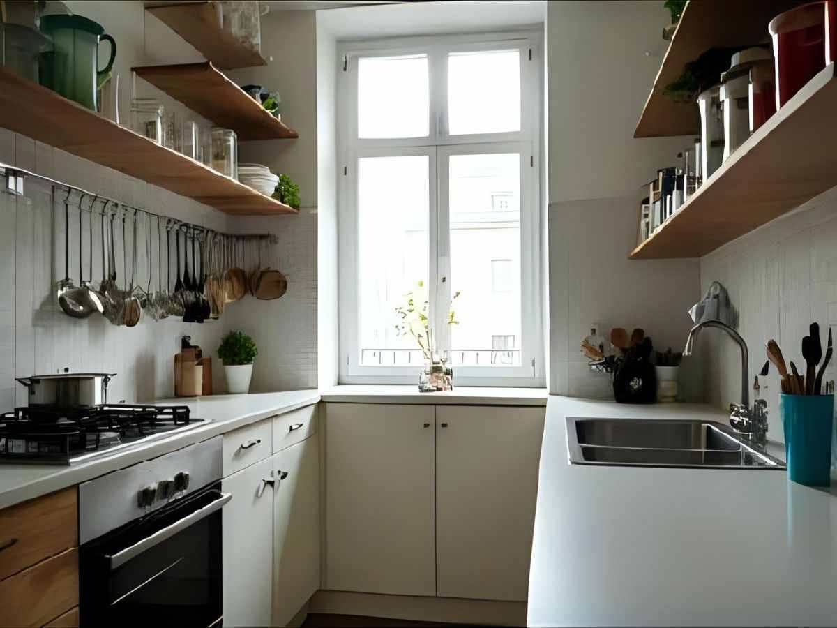 Petite cuisine urbaine lumineuse avec ustensiles suspendus et plan de travail dégagé