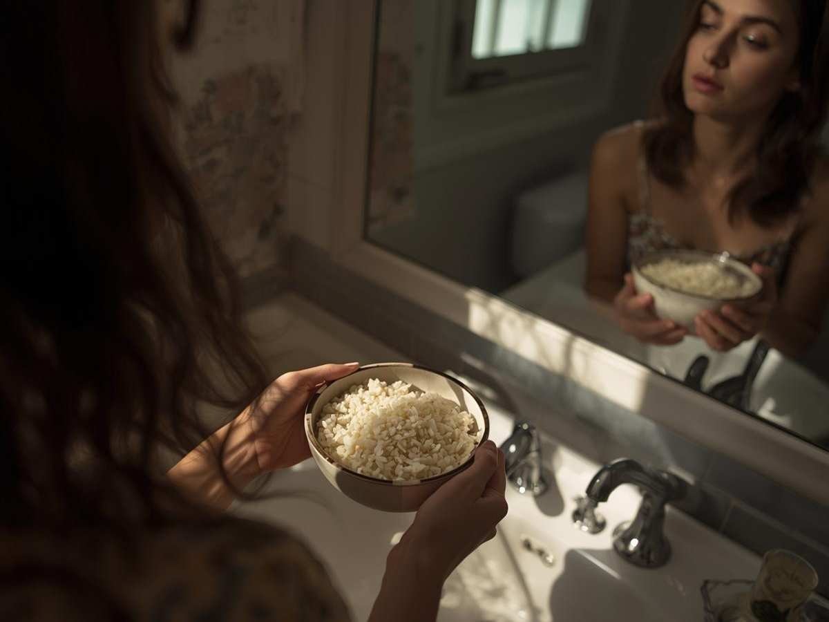 famme qui tienne un bol de riz dans sa salle de bain