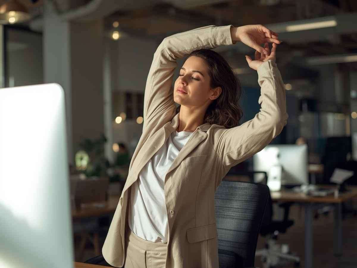 femme qui fait des étirements au bureau